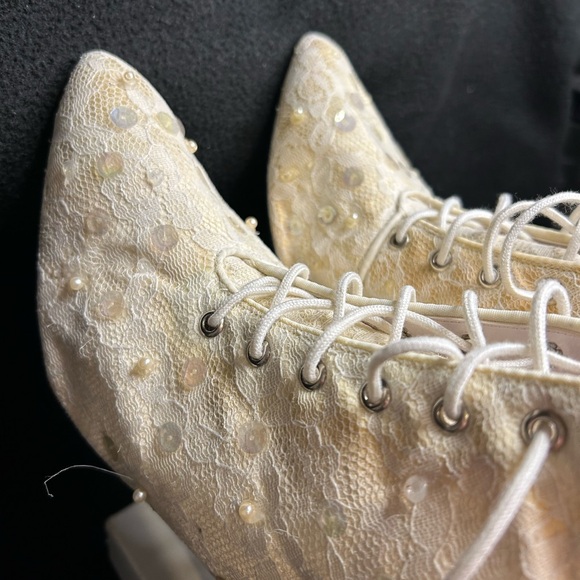 Vintage Aphrodite Heeled Bridal Boots with Lace custom hand beaded & sequined. - Picture 10 of 11